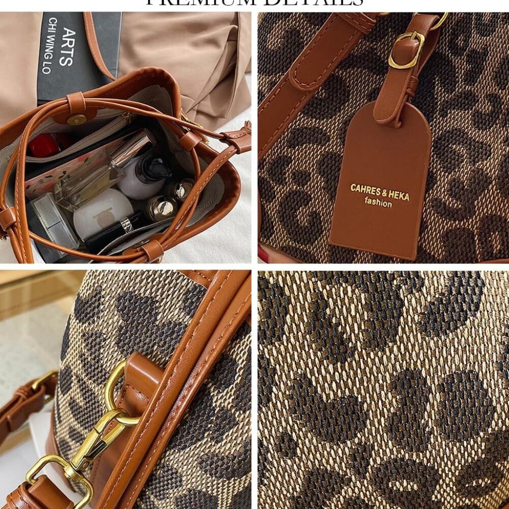 Leopard Print Drawstring Bucket Bag Faux Leather … - image 4